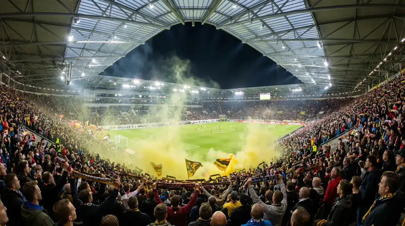 Estadio lleno de la Bundesliga con aficionados animando durante un partido de fútbol alemán