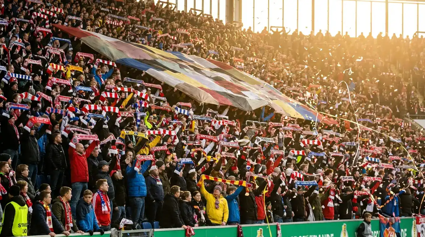 Aficionados de la Bundesliga en la grada de pie con bufandas y banderas apoyando a su equipo como socios del club